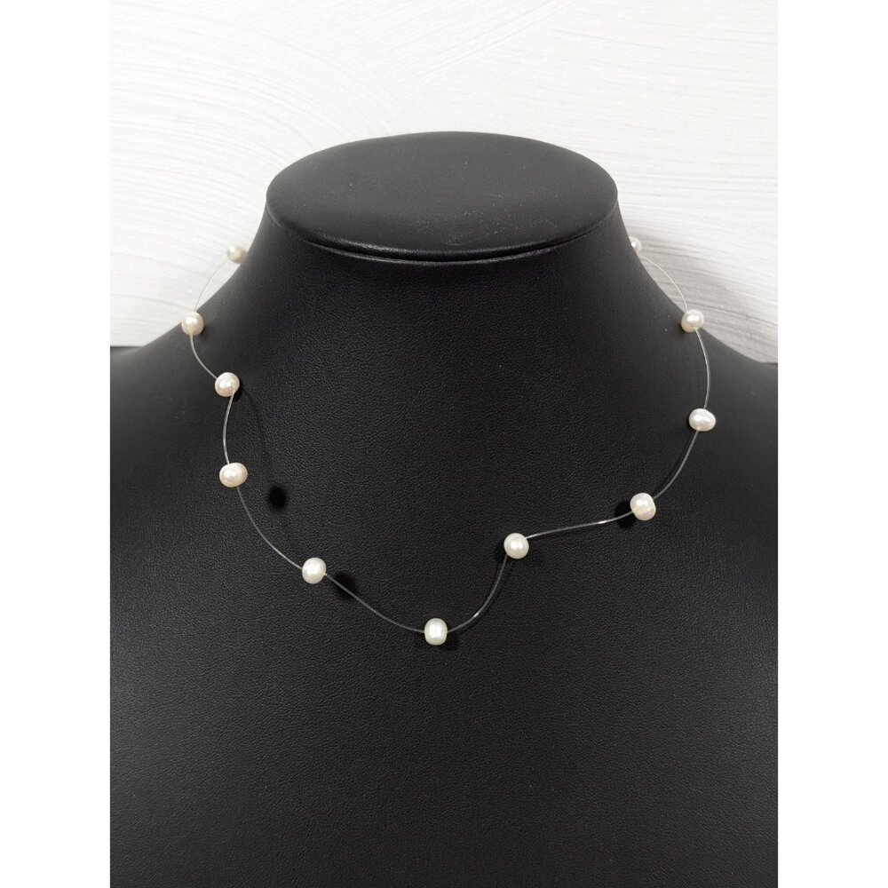 White Baroque Pearl Station Wire Necklace Bridal Wedding Dainty 16"